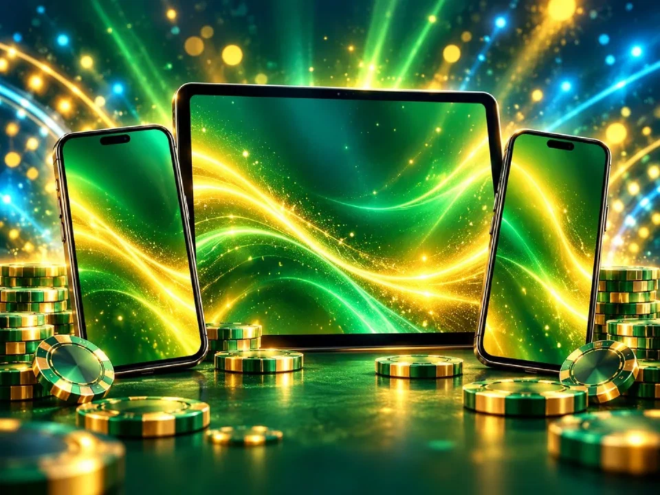 Due smartphone e un tablet affiancati con luci verdi e dorate e fiches sparse sul tavolo