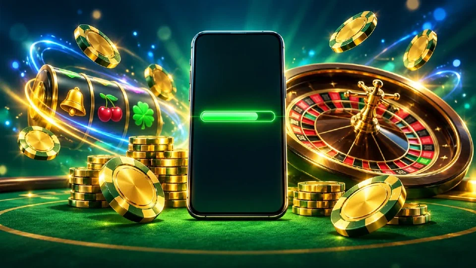 Smartphone Android con barra di installazione verde luminosa tra fiches dorate e una roulette