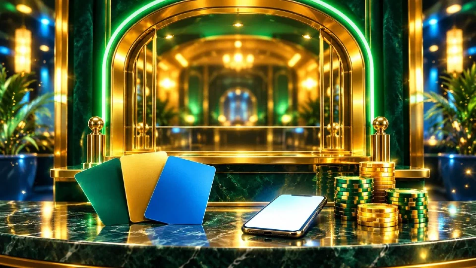 Cassa luminosa con carte, smartphone e fiches verdi e dorate su un tavolo da casinò