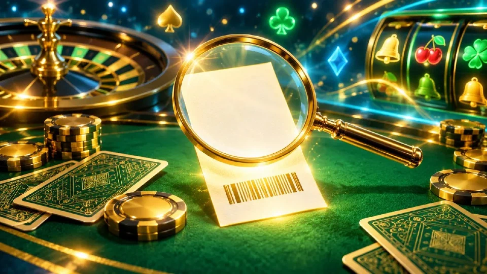Ticket luminoso con codice di prenotazione e una lente d'ingrandimento dorata sopra un tavolo verde
