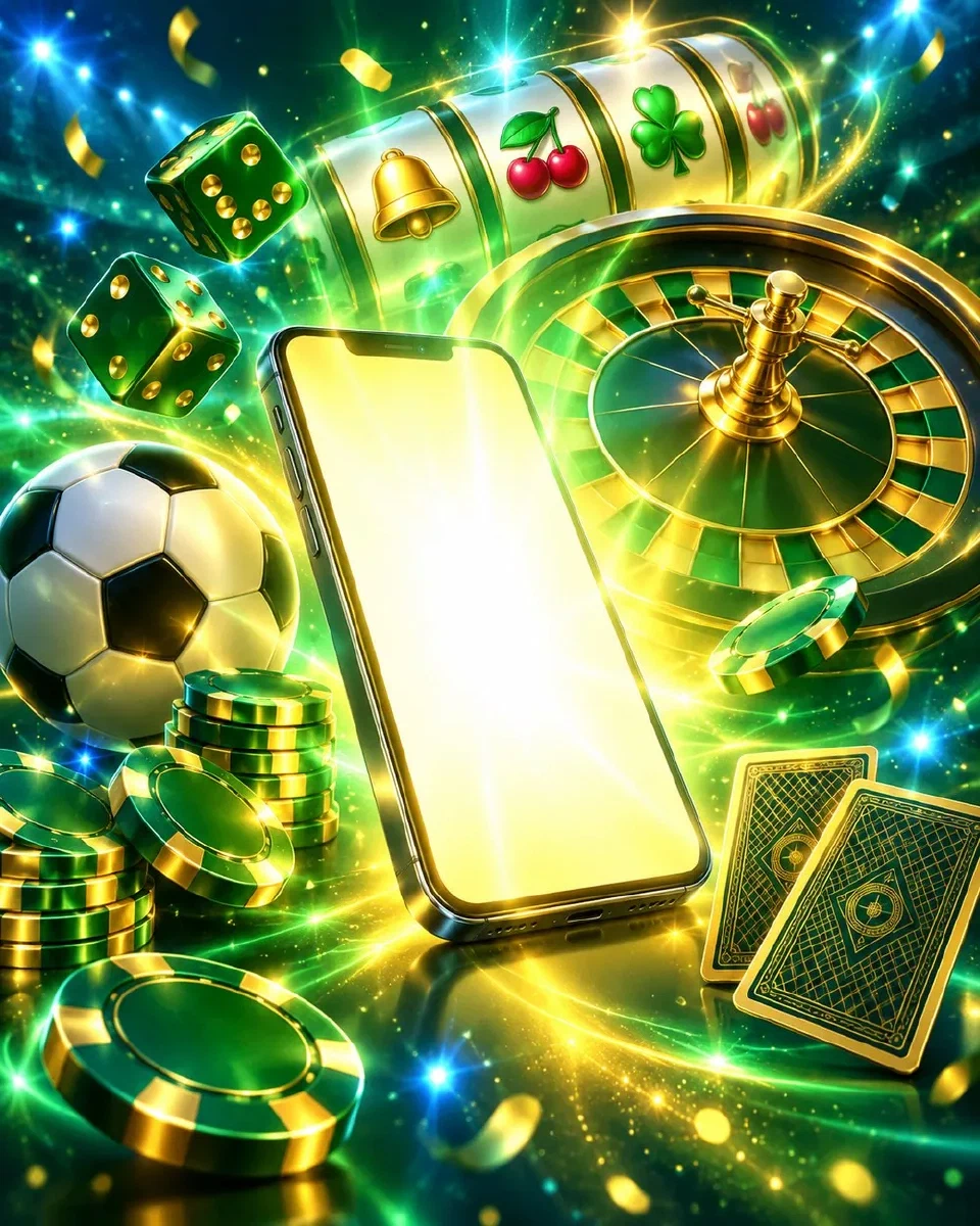 Smartphone che proietta luci verdi e gialle tra fiches e un pallone da calcio
