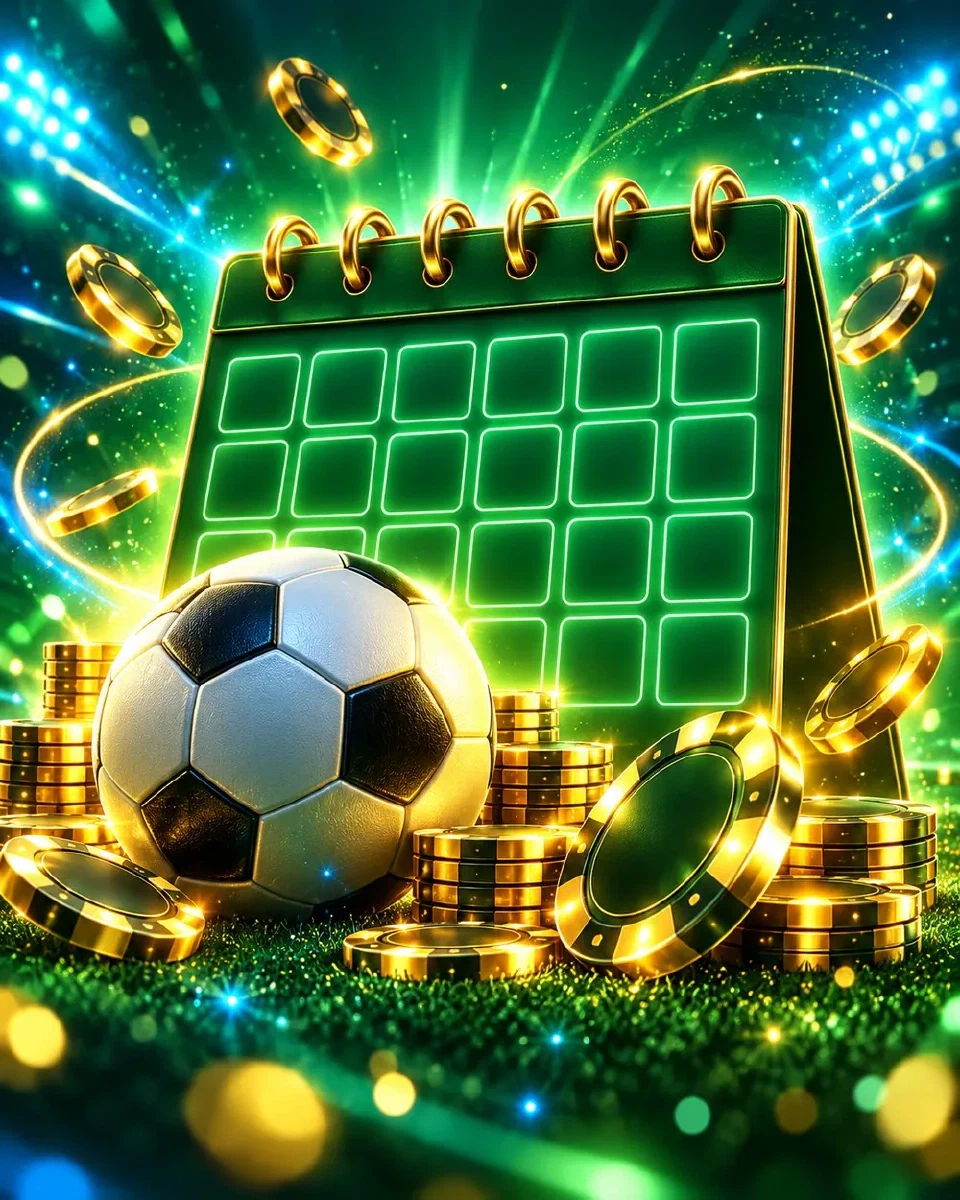 Calendario al neon con un pallone da calcio e fiches dorate su sfondo verde scuro