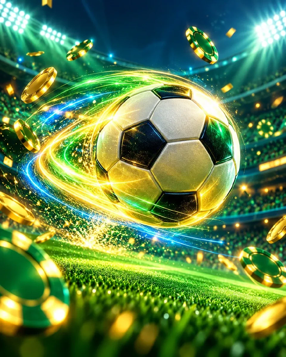 Pallone in movimento sotto i riflettori di uno stadio notturno illuminato di verde e giallo