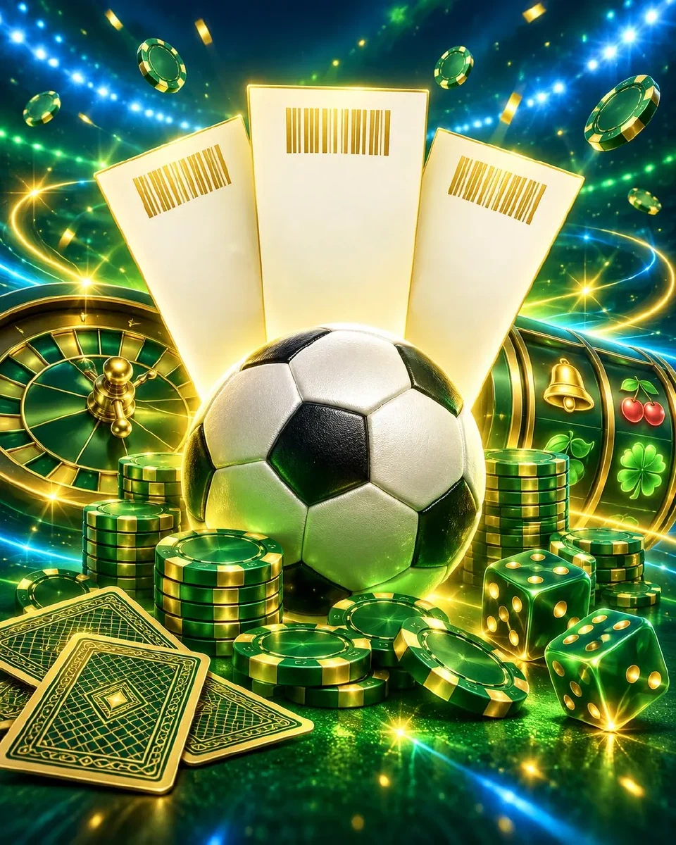 Schedine luminose a ventaglio sopra un pallone e pile di fiches verdi