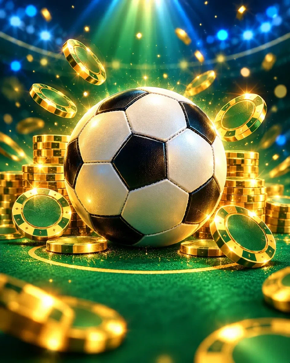 Pallone da calcio su un tappeto verde da casinò circondato da fiches dorate