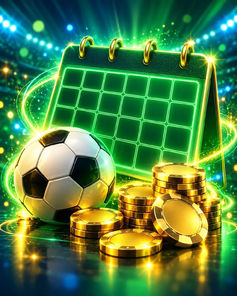 Calendario al neon verde con un pallone e fiches dorate su sfondo scuro