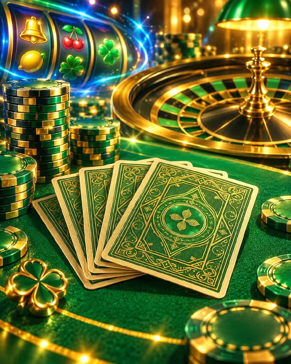 Carte da gioco e fiches impilate su un tavolo verde sotto una luce dorata