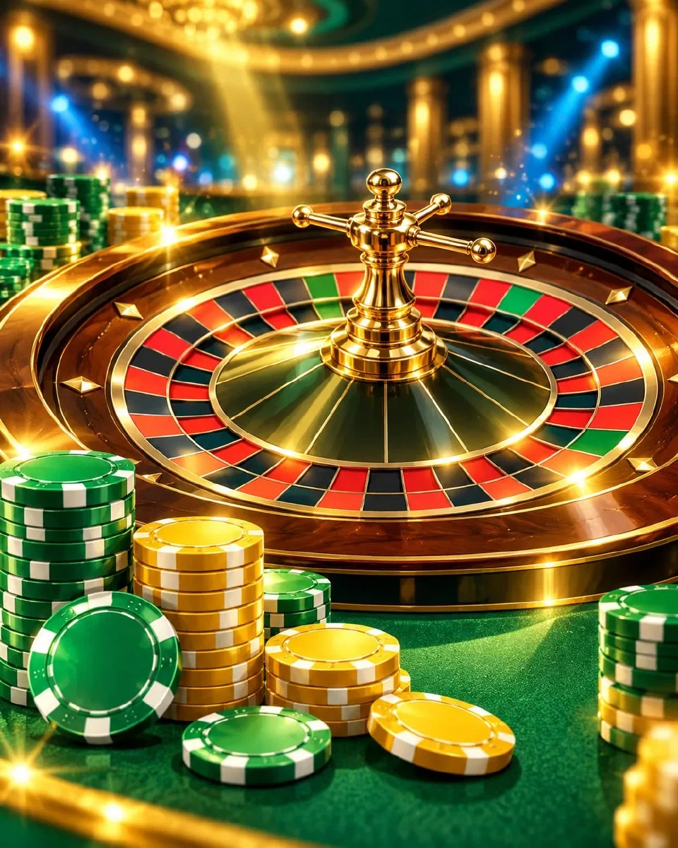 Tavolo da roulette sotto luci dorate con pile di fiches verdi e gialle