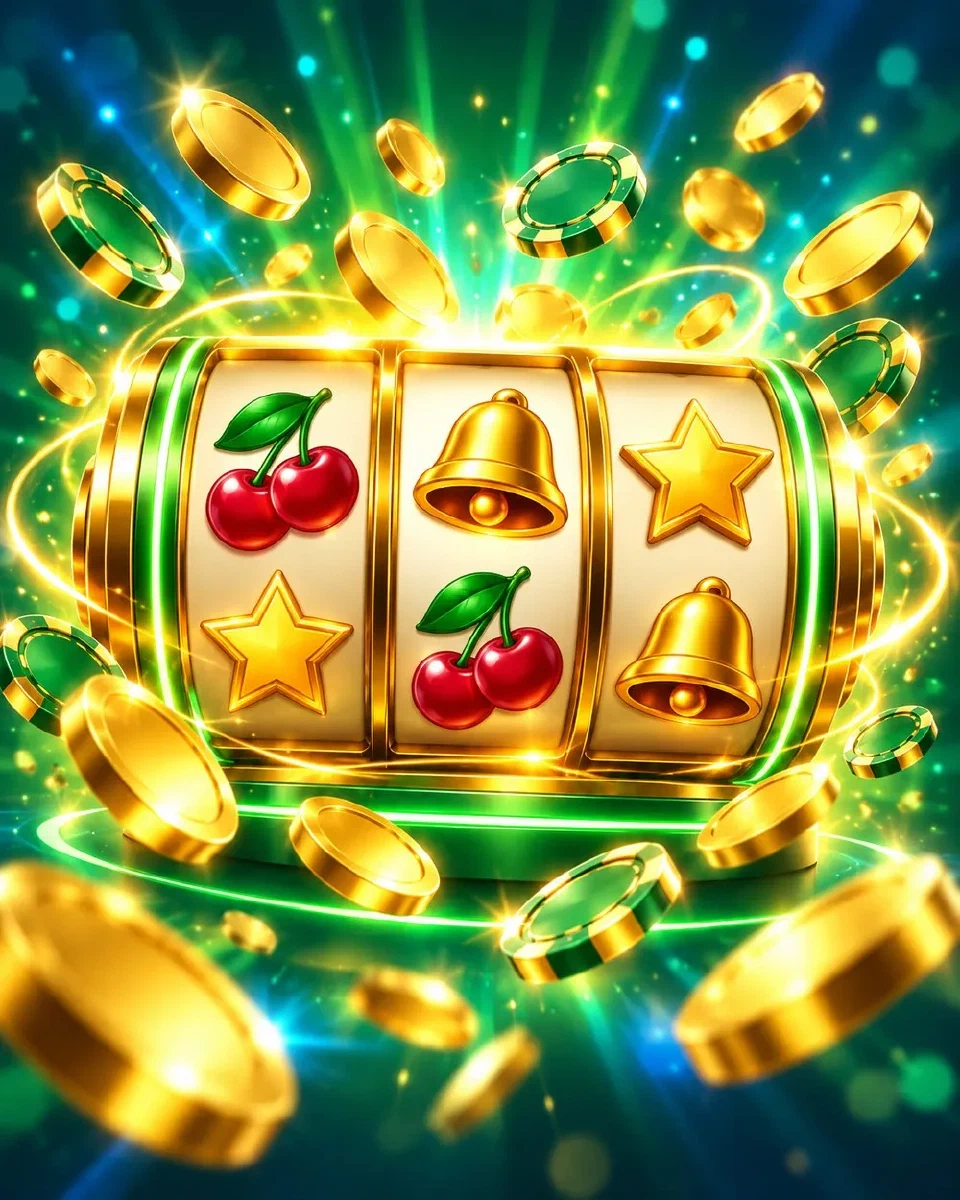 Rulli di slot dorati che brillano su sfondo verde neon con monete in volo