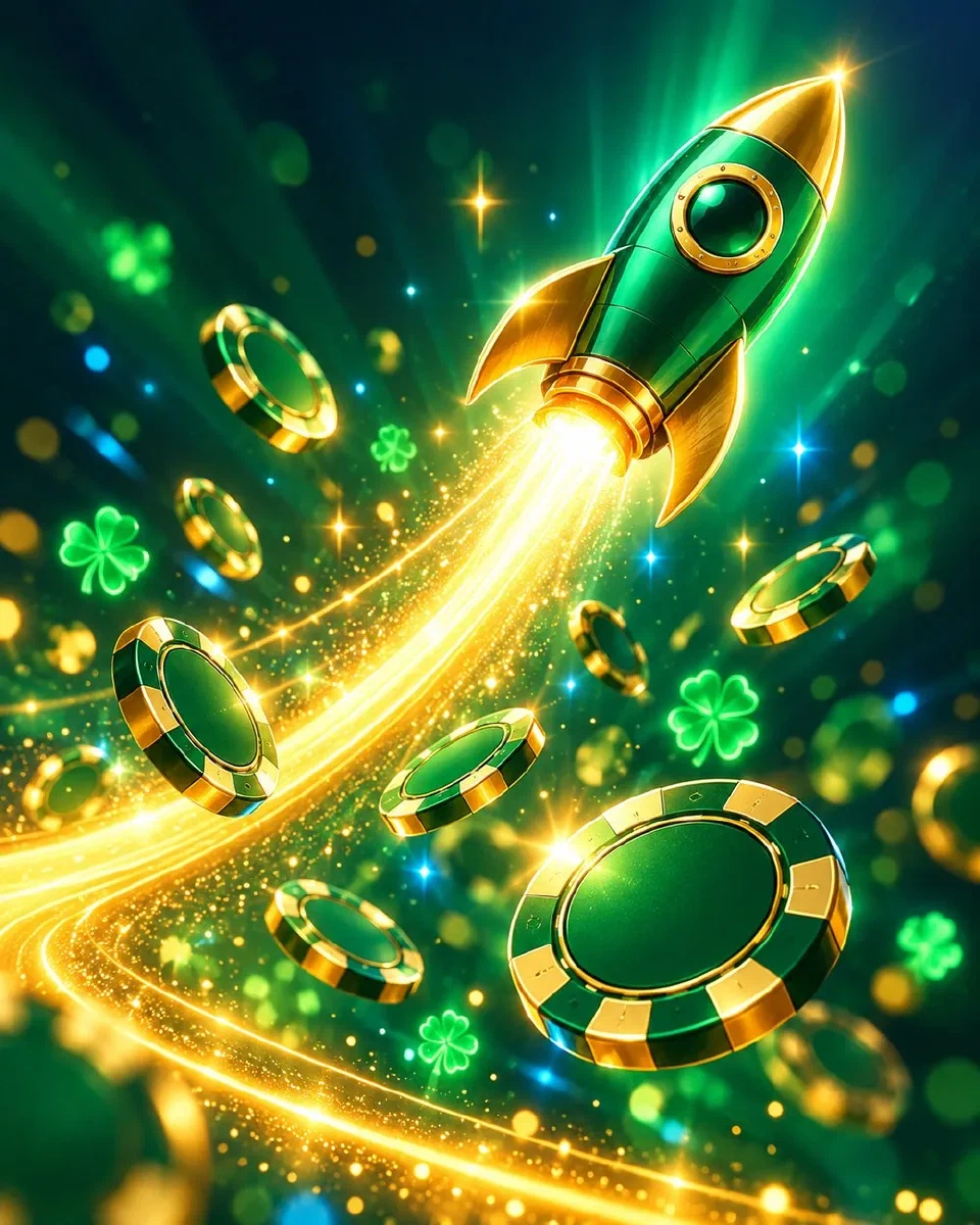 Razzo luminoso che sale lungo una curva dorata su uno sfondo verde scuro con fiches