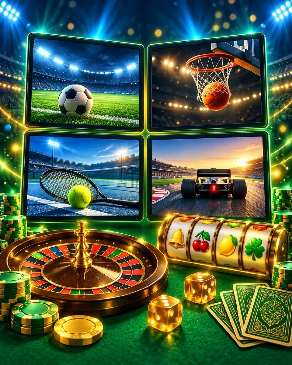 Quattro schermi luminosi con partite diverse affiancati sopra un tavolo verde da casinò