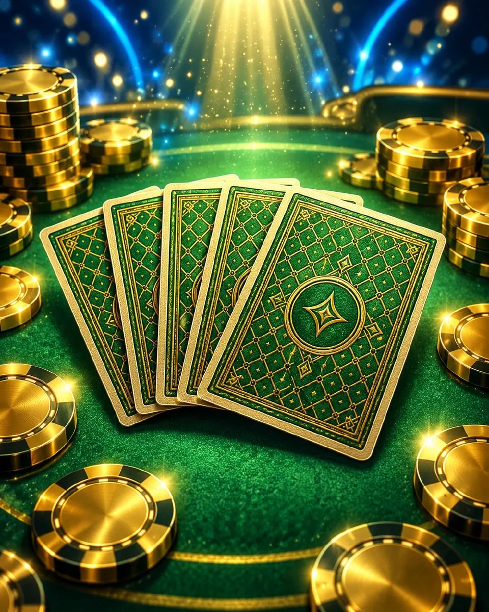 Mano di carte da poker e fiches dorate su un panno verde illuminato da un faro