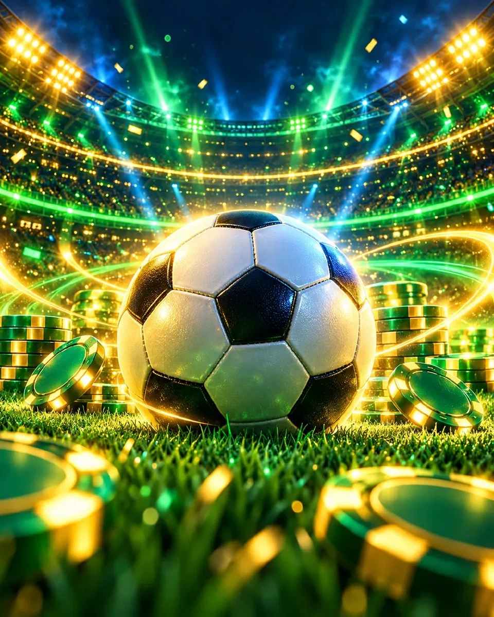 Stadio notturno illuminato al neon verde e giallo con un pallone in primo piano
