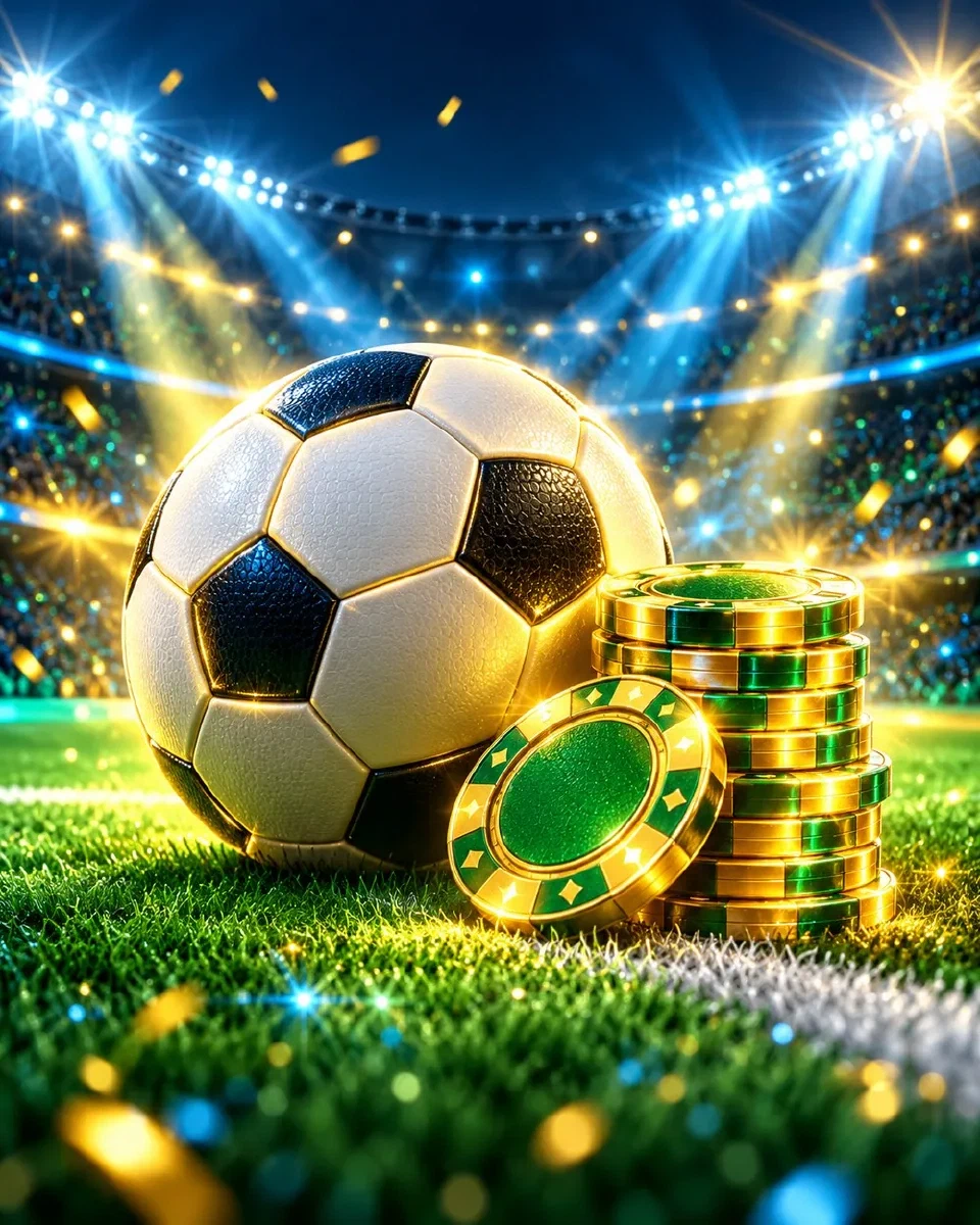 Pallone da calcio sotto i riflettori su un campo verde con fiches dorate a bordo campo