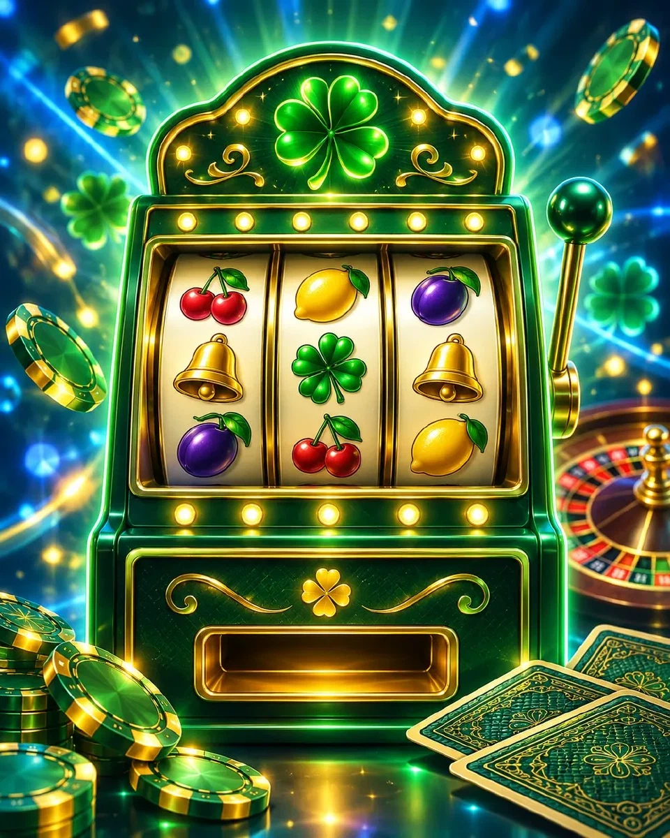 Slot machine con rulli di frutta, campane e quadrifogli illuminata al neon verde