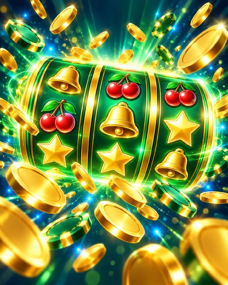 Rulli di una slot che brillano di verde e oro con monete che saltano fuori
