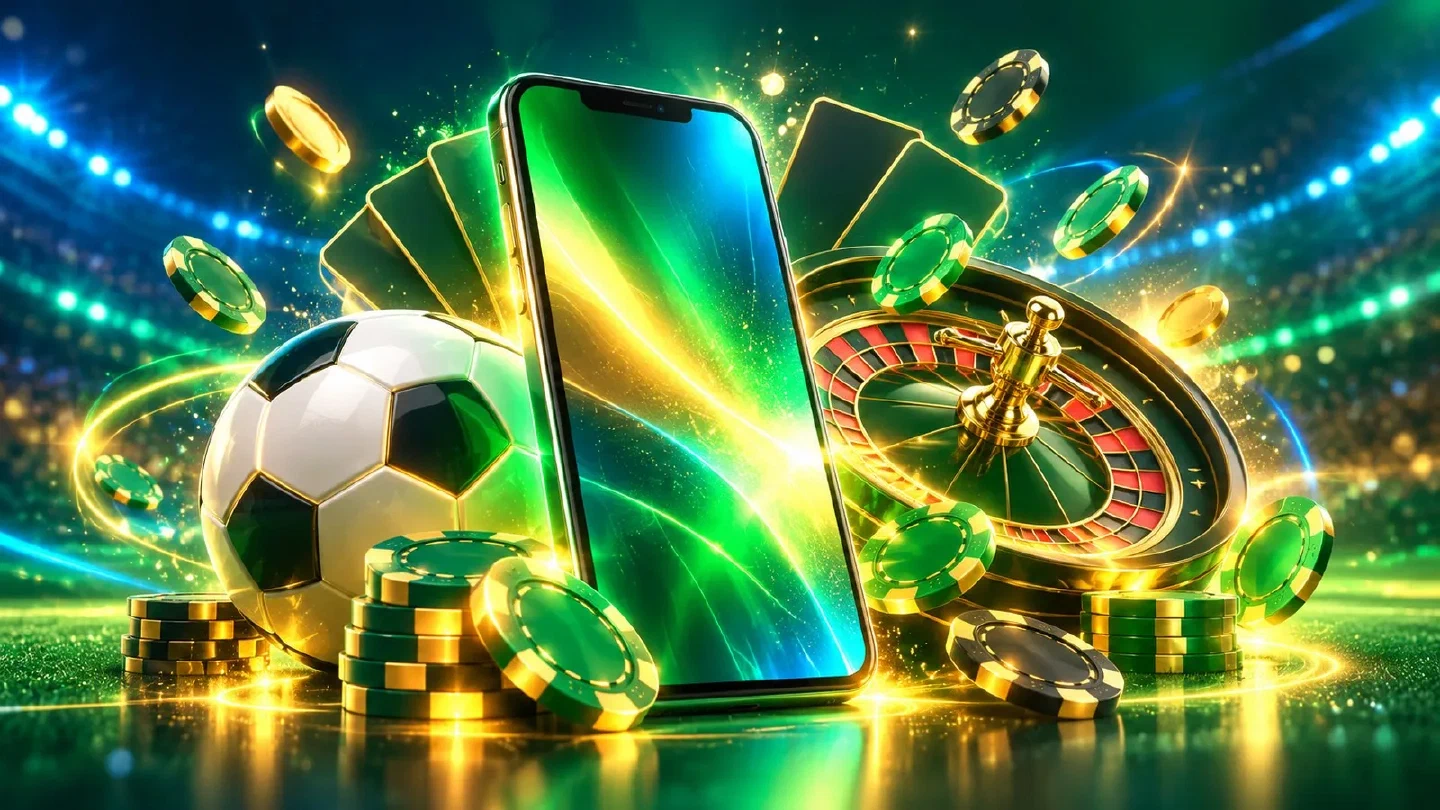 Smartphone luminoso con riflessi verdi e gialli tra fiches, una roulette e un pallone da calcio