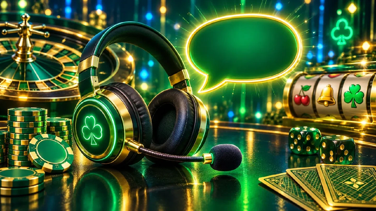 Cuffie con microfono illuminate di verde e oro accanto a fiches e a un fumetto luminoso su un tavolo scuro