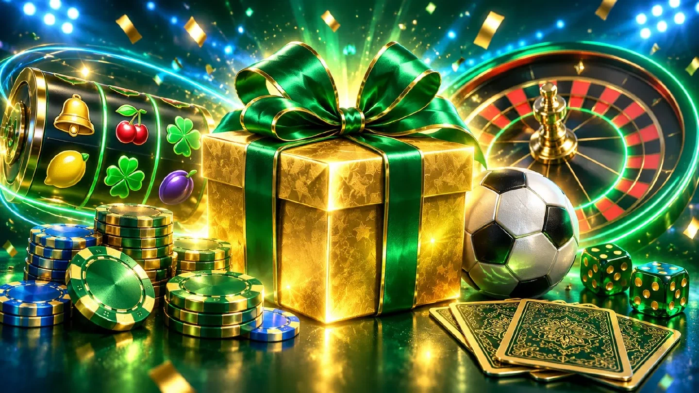 Pacco regalo dorato con nastro verde tra fiches, un pallone da calcio e una roulette illuminata al neon