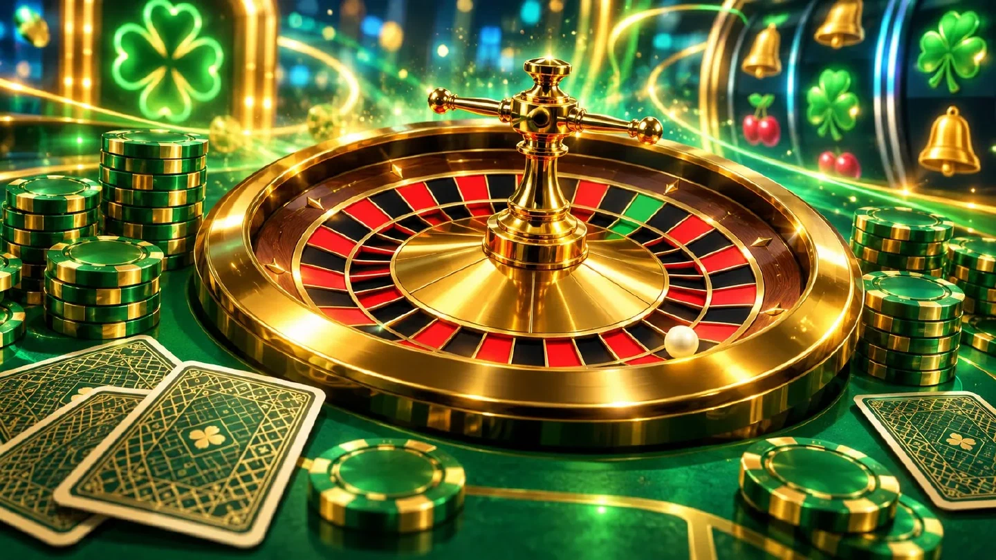 Roulette dorata in primo piano su un tavolo verde illuminato al neon con pile di fiches e carte