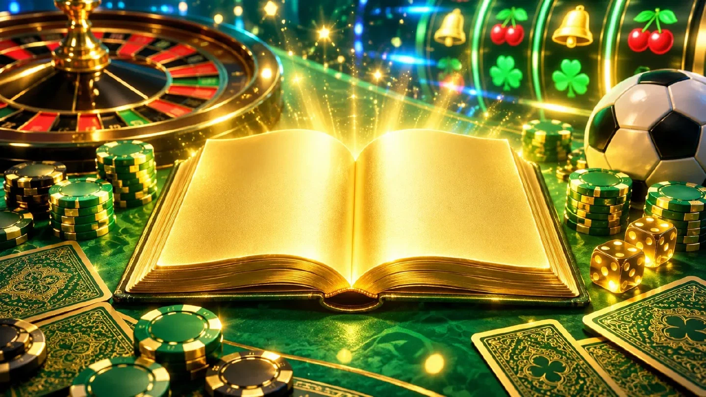 Libro aperto dorato e luminoso su un tavolo verde da casinò circondato da fiches, carte e un pallone