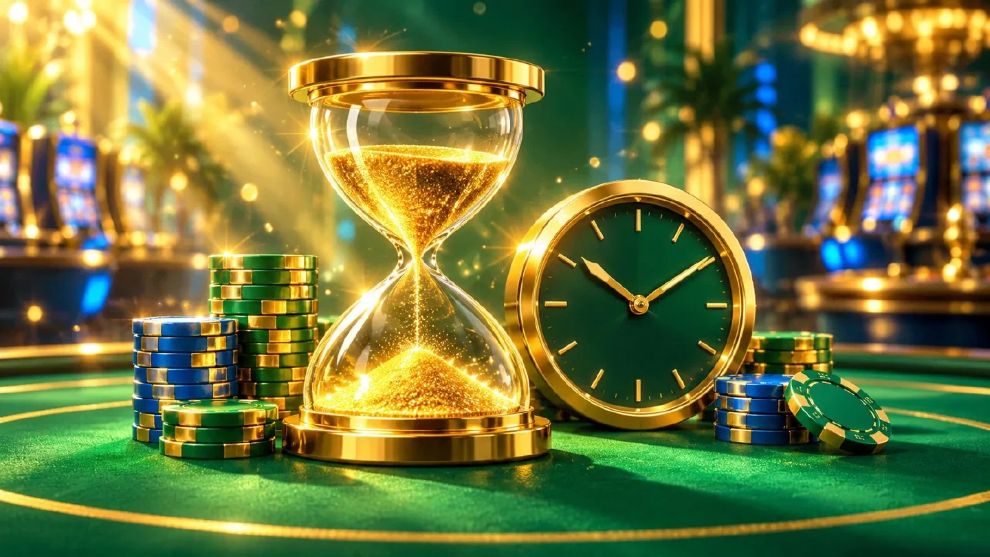 Clessidra dorata luminosa su un tavolo verde accanto a poche fiches ordinate e a un orologio
