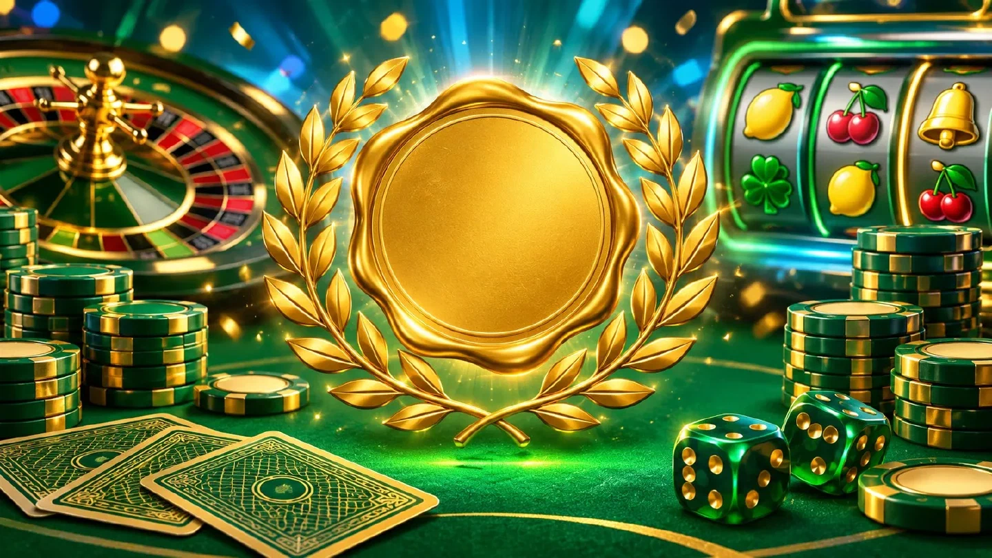 Sigillo dorato luminoso con una corona d'alloro sopra un tavolo verde da casinò tra pile di fiches
