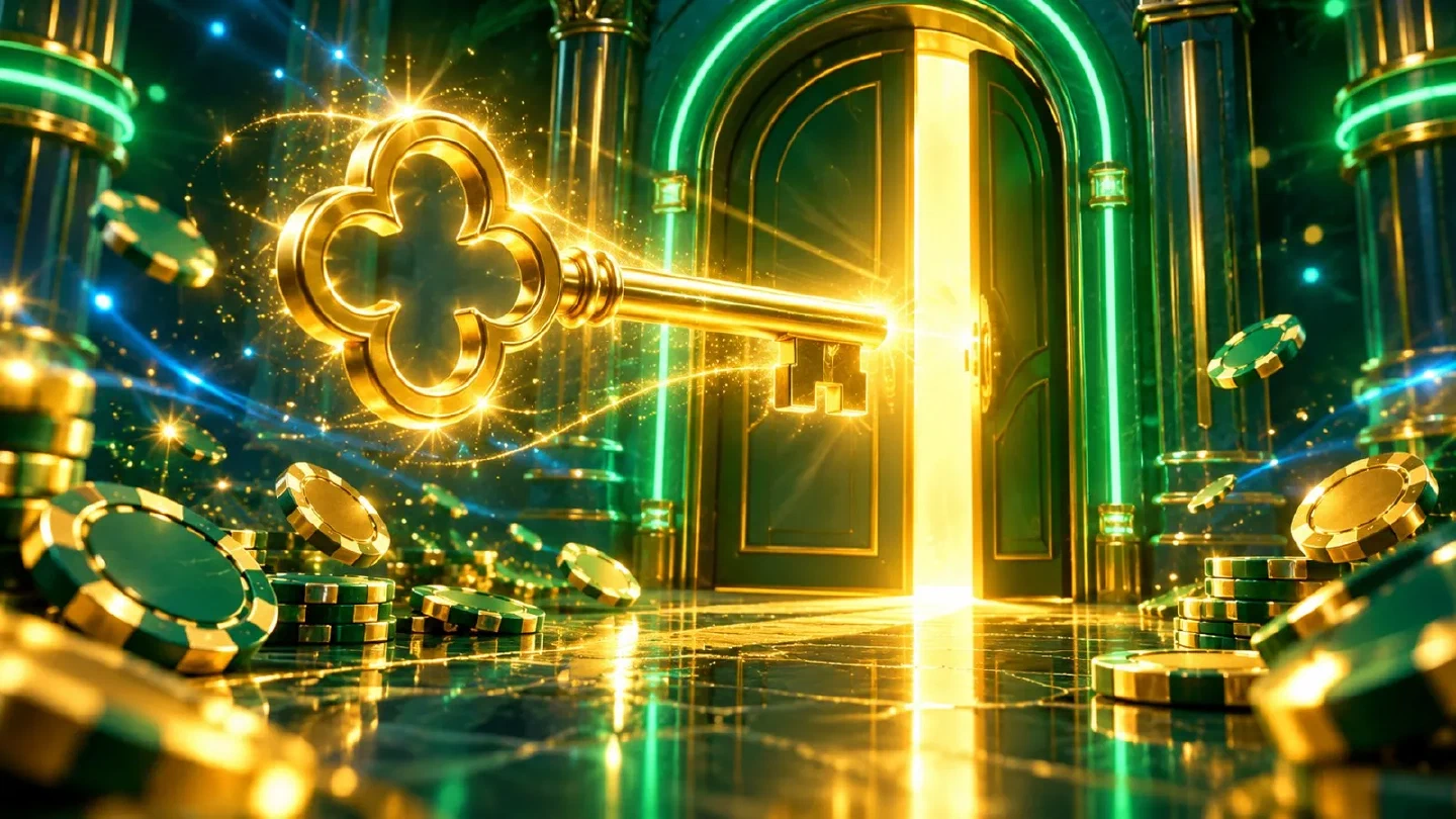 Chiave dorata luminosa davanti a una porta verde al neon con fiches sparse sul pavimento