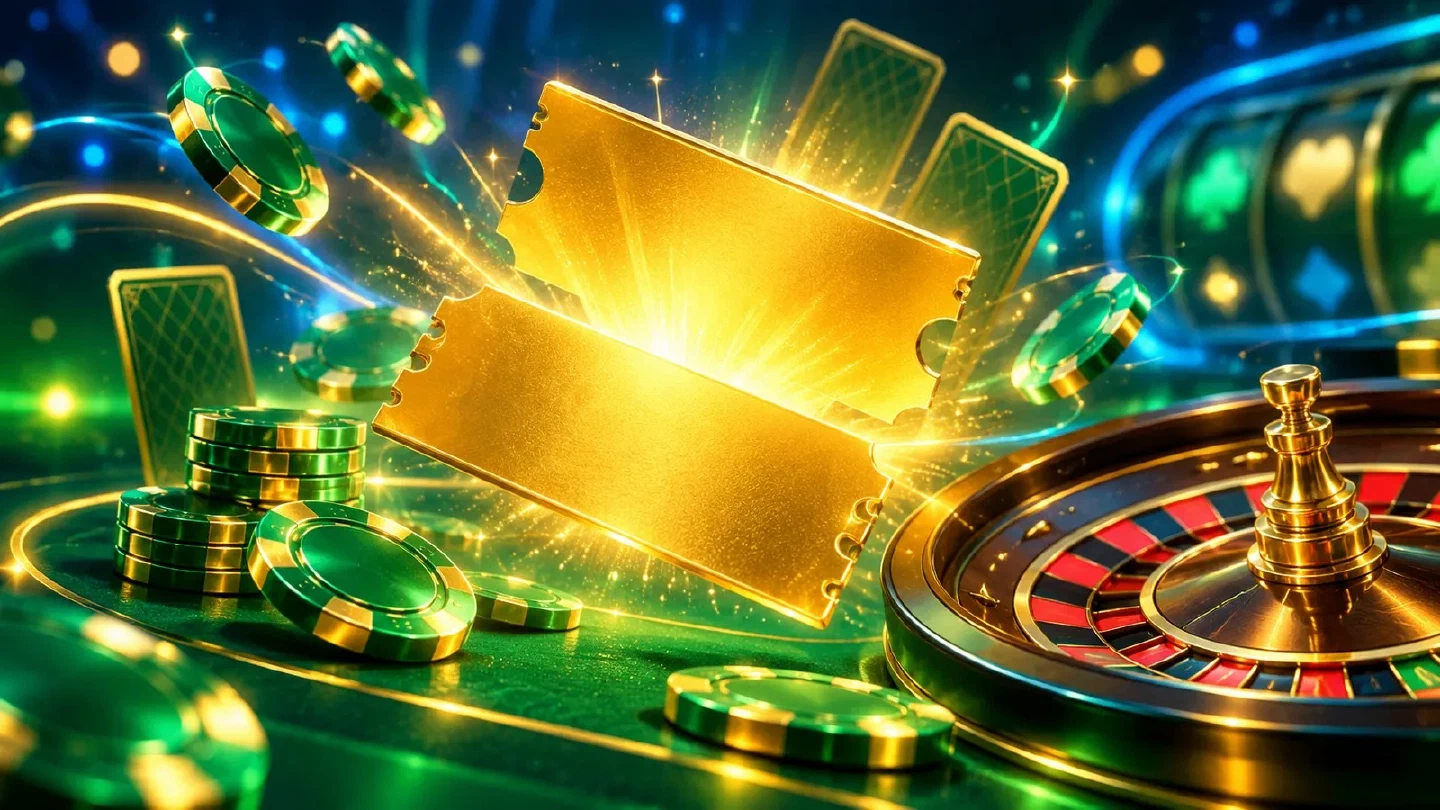Biglietto dorato luminoso che si apre tra fiches verdi e una roulette su un tavolo al neon
