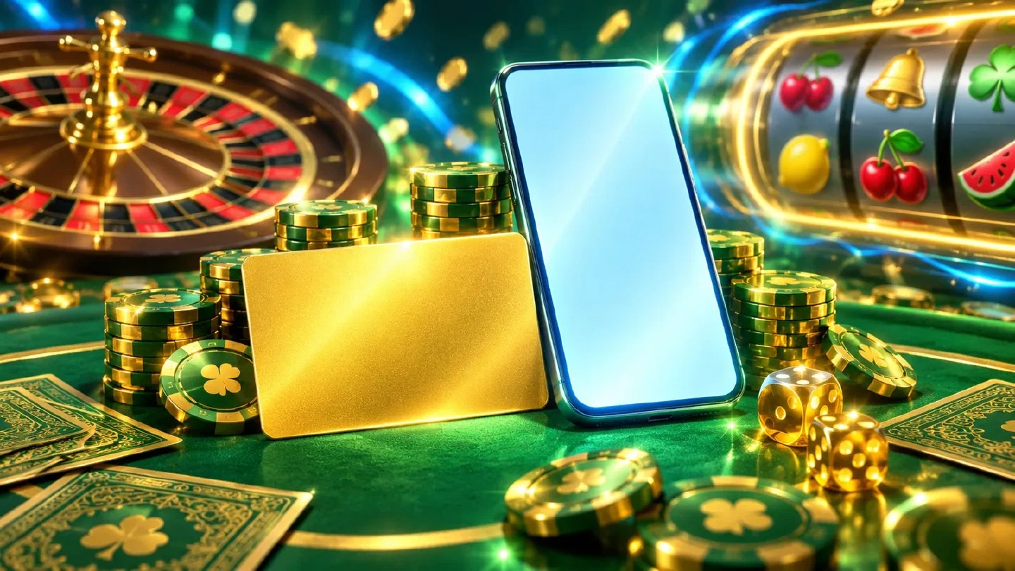 Carta di pagamento luminosa e smartphone su un tavolo verde da casinò tra pile di fiches dorate