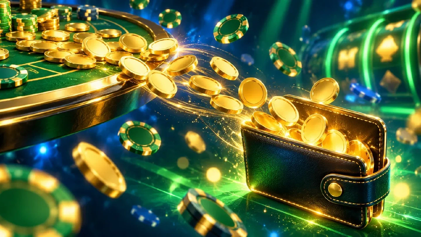 Pila di monete d'oro che scivola da un tavolo verde illuminato verso un portafoglio luminoso