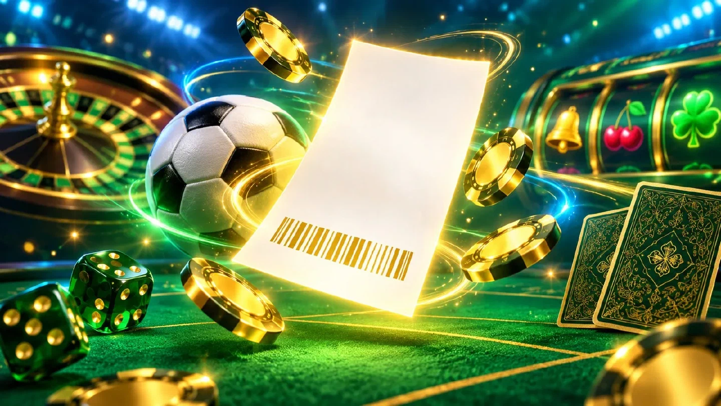 Schedina luminosa con codice stilizzato sospesa sopra un tavolo verde tra fiches dorate e un pallone