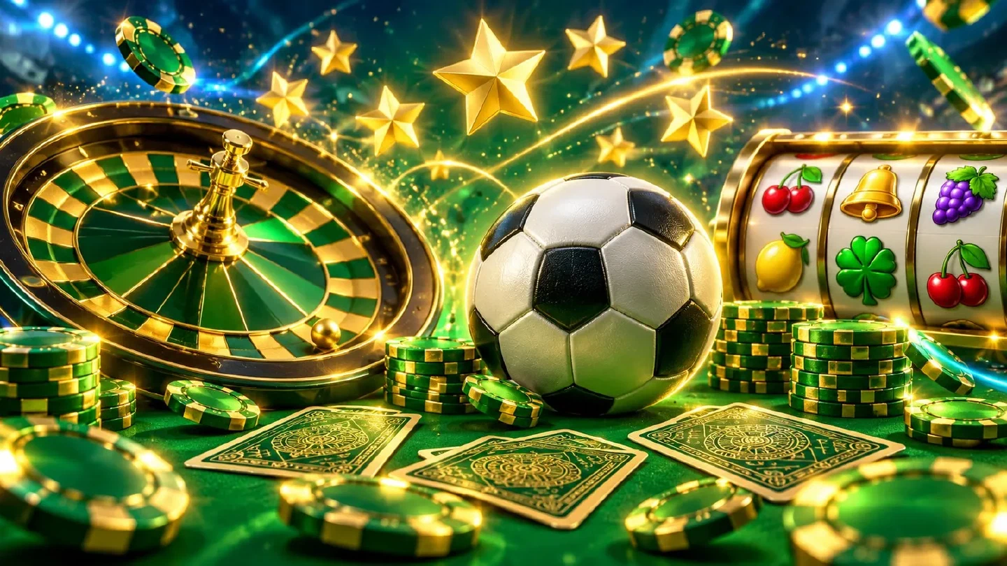 Stelle dorate luminose sopra un tavolo verde da casinò con fiches, carte e un pallone da calcio