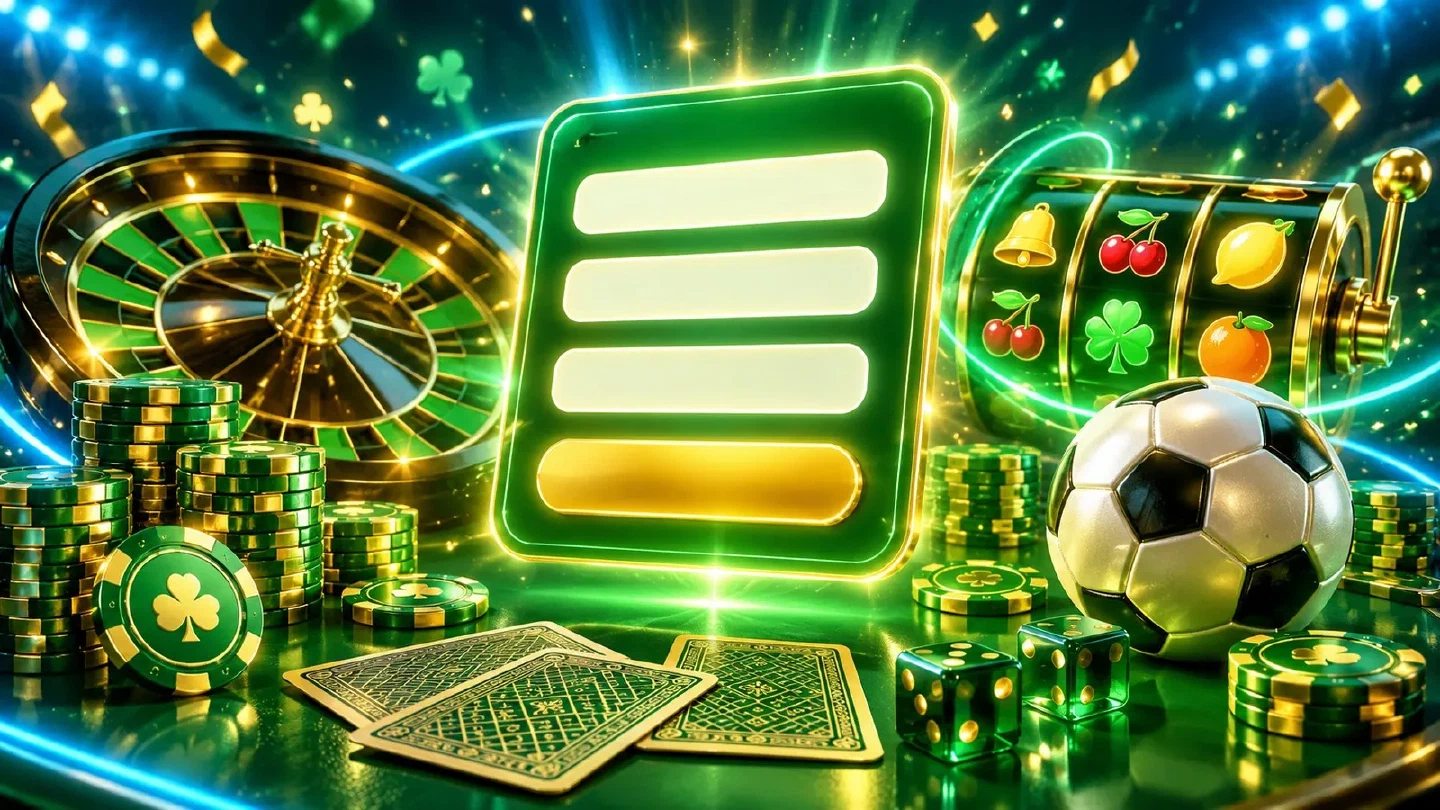 Modulo luminoso verde e oro sospeso sopra un tavolo da casinò con fiches, carte e un pallone