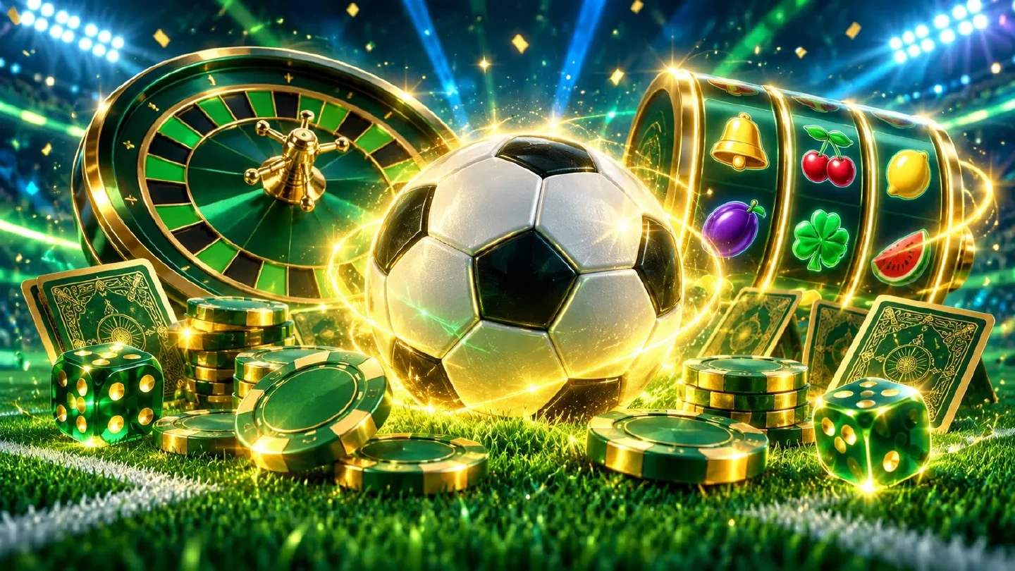 Pallone da calcio luminoso su un campo verde neon circondato da fiches dorate e luci da casinò