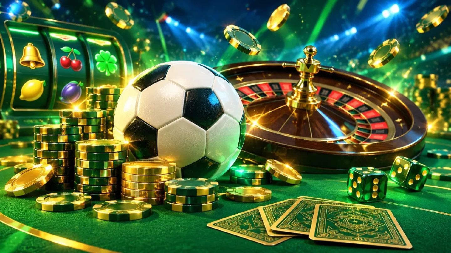 Pallone da calcio luminoso accanto a fiches dorate e a una roulette su un tavolo verde illuminato al neon