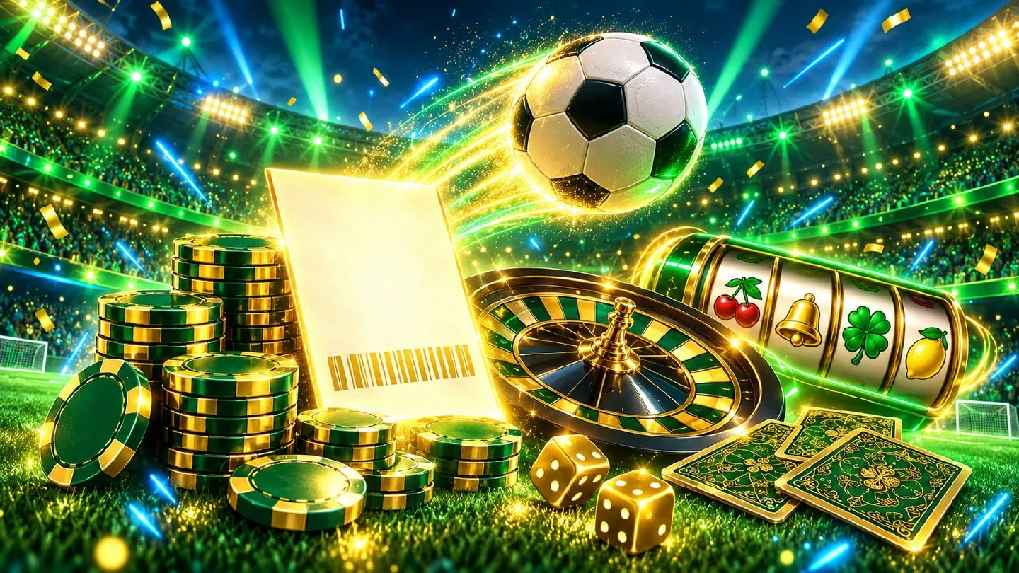 Stadio illuminato al neon verde e giallo con un pallone in volo sopra fiches e una schedina luminosa