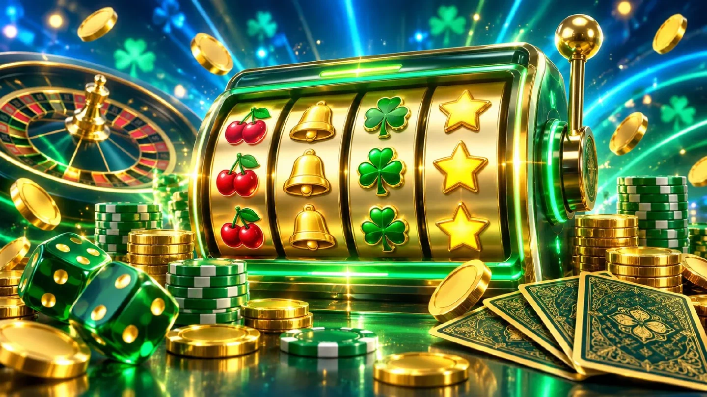 Slot machine luminosa con rulli dorati e luci verdi al neon tra pile di fiches e monete