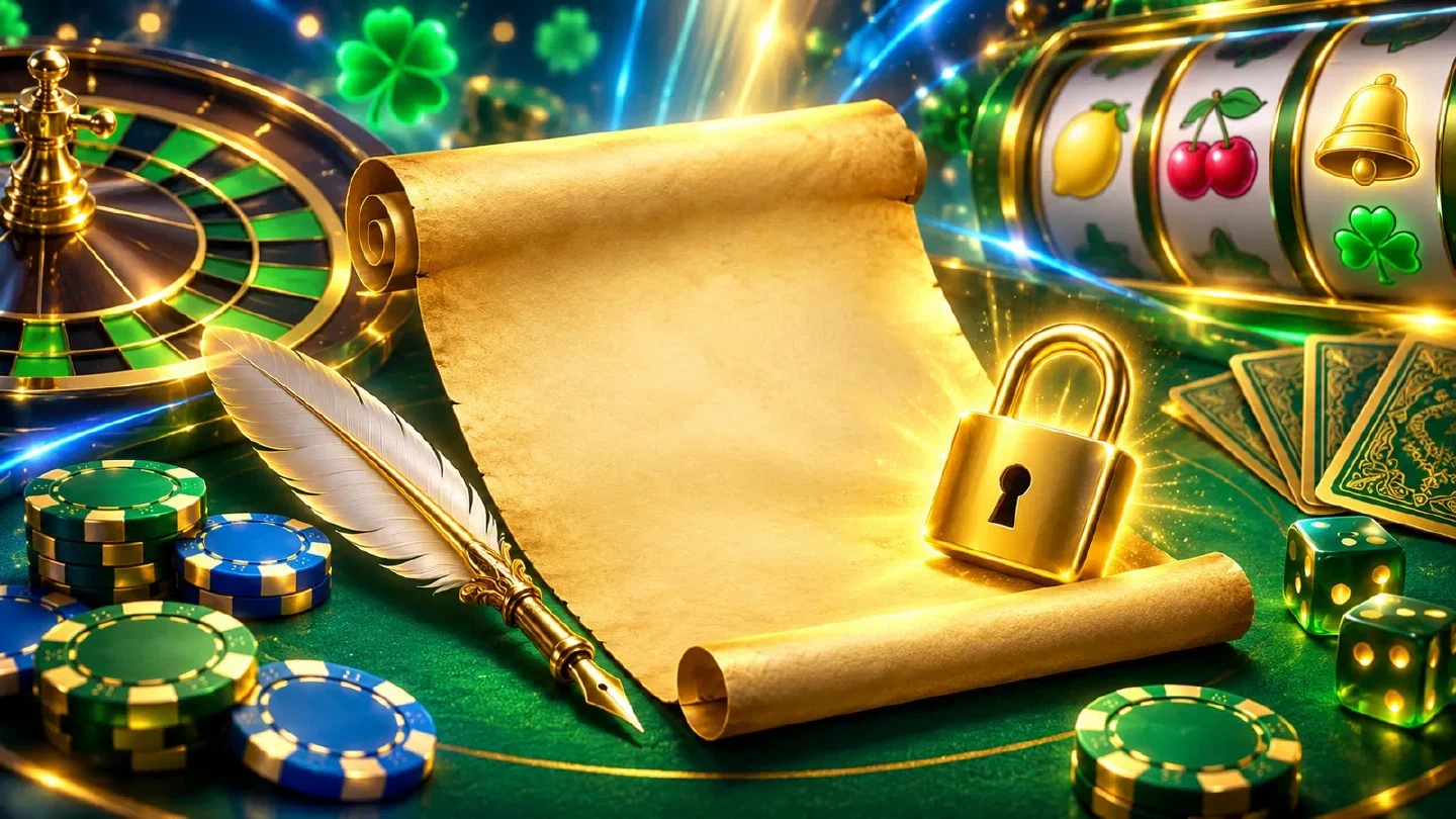Lucchetto dorato luminoso appoggiato su una pergamena accanto a poche fiches su un tavolo verde